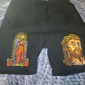 Men's Black Athletic Shorts with Religious Art